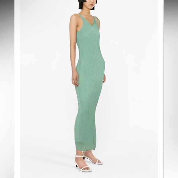 NEW Jonathan Simkhai Ivette Metallic-Rib Midi Dress Deep Sea Green Size Large - Picture 2 of 9